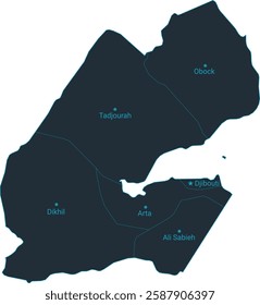 Djibouti map high detailed with administrative divide by state, capital cities names, outline simplicity style. Vector illustration EPS10.