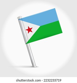 Djibouti map pin flag icon. Djiboutian pennant map marker on a metal needle. 3D realistic vector illustration.
