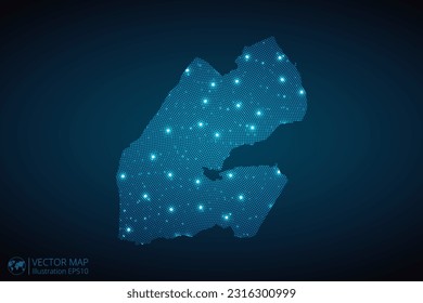 Djibouti-Karte radiales gepunktetes Muster im futuristischen Stil, Design blauer Kreis leuchtend Umriss aus Sternen. Kommunikationskonzept auf dunkelblauem Hintergrund. Vektor EPS10
