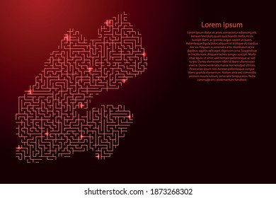 Djibouti map from red pattern of the maze grid and glowing space stars grid. Vector illustration.