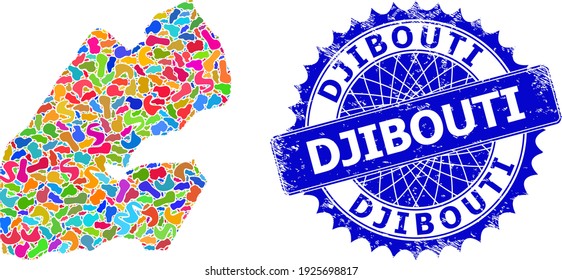 Djibouti map template. Spot collage map and grunge stamp seal for Djibouti. Sharp rosette blue stamp seal with text for Djibouti map. Collage vector Djibouti map formed with randomized colored blots.