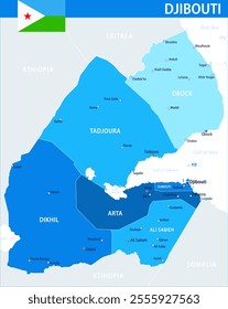 Djibouti Map Vector Blue Spot - Customizable layered political map of Djibouti with administrative divisions for website, education, reports, news, politics, print, poster and wallpaper