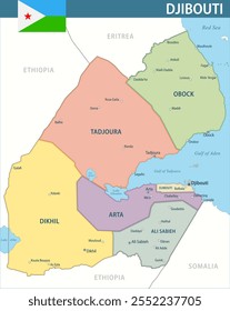 Vector Djibouti Mapa Mapa Nuevo 2024 Colorido - Mapa político de capas personalizable de Djibouti con divisiones administrativas para Sitio web, educación, informes, noticias, política, impresión, póster y Fondo de pantalla