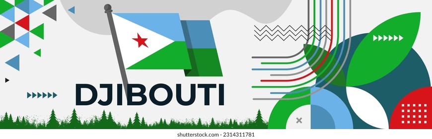 Djibouti national day banner design. Djiboutian flag theme graphic art web background. Abstract celebration geometric decoration, white blue green color. Djibouti flag vector illustration. svg