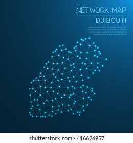 Djibouti network map. Abstract polygonal Djibouti network map design with glowing dots and lines. Map of Djibouti networks. Vector illustration.