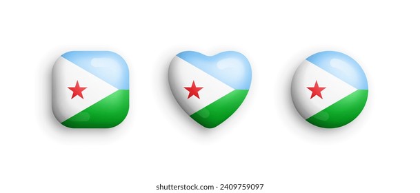 Djibouti Official National Flag 3D Vector Glossy Icons In Rounded Square, Heart And Circle Form Isolated On White. Djiboutian Sign And Symbols Graphic Design Elements Volumetric Buttons Collection