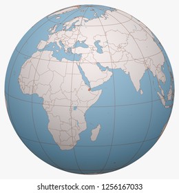 Djibouti on the globe. Earth hemisphere centered at the location of the Republic of Djibouti. Djibouti map.