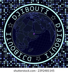 Djibouti on globe vector. Futuristic satelite view of the world centered to Djibouti. Geographical illustration with shape of country and squares background. Bright neon colors on dark background.