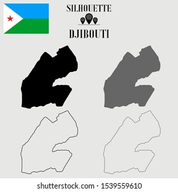 Djibouti outline world map, solid, dash line contour silhouette, national flag vector illustration design, isolated on background, objects, symbol from countries set