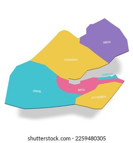 Djibouti political map of administrative divisions - regions. 3D colorful vector map with name labels.