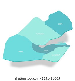 Djibouti mapa político de divisões administrativas - regiões. Mapa de vetor turquesa 3D com rótulos de nome.