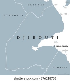 Djibouti political map with capital Djibouti City. Republic and country in the Horn of Africa with coastline along the Red Sea. Gray illustration isolated on white background. English labeling. Vector