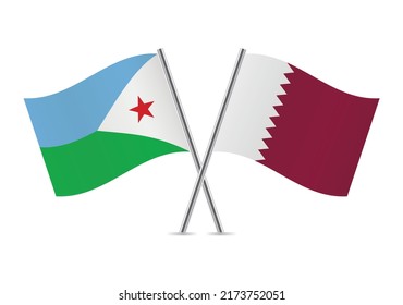 Djibouti and Qatar crossed flags. Djiboutian and Qatari flags on white background. Vector icon set. Vector illustration.