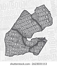 Djibouti regions map word cloud. Djibouti region names. Black and white map design. Amazing vector illustration.