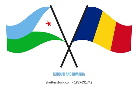 Djibouti and Romania Flags Crossed And Waving Flat Style. Official Proportion. Correct Colors.