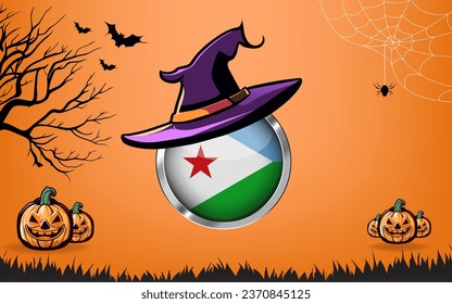djibouti round flag with Happy Halloween banner or party invitation background. bats, spiders and pumpkins, orange background