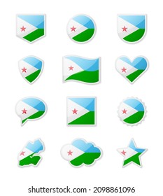 Djibouti - set of country flags in the form of stickers of various shapes. Vector illustration