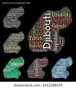Djibouti. Set of typography style country illustrations. Djibouti map shape built of horizontal and vertical country names. Vector illustration.