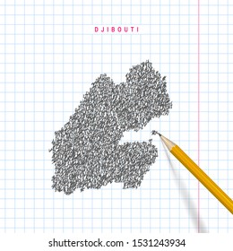 Djibouti sketch scribble vector map drawn on checkered school notebook paper background