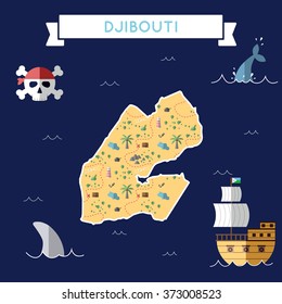 Djibouti treasure map in flat design. Colorful cartoon treasure map of Djibouti with flat design icons of pirate ship and jolly roger. Djibouti flat design vector illustration.