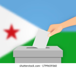 Djibouti vote election banner background. Ballot Box with blurred flag