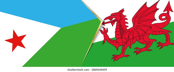 Djibouti and Wales flags, two vector flags symbol of relationship or confrontation.