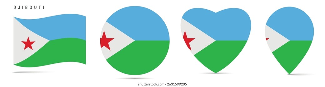 Djibouti waving flag, round circle sticker badge, heart shaped icon, map pin. Djiboutian flag buttons of different shapes. Vector illustration isolated on white.
