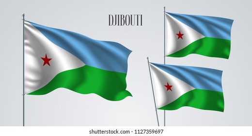 Djibouti waving flag set of vector illustration. Green white colors of Djibouti wavy realistic flag as a patriotic symbol 