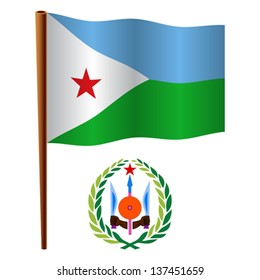 djibouti wavy flag and coat of arms against white background, vector art illustration, image contains transparency