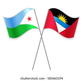 Djiboutian and Antiguan crossed flags. Djibouti combined with Antigua and Barbuda isolated on white. Language learning, international business or travel concept.