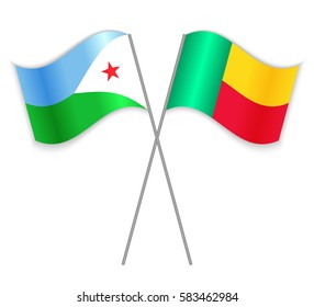 Djiboutian and Beninese crossed flags. Djibouti combined with Benin isolated on white. Language learning, international business or travel concept.