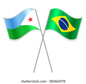 Djiboutian and Brazilian crossed flags. Djibouti combined with Brazil isolated on white. Language learning, international business or travel concept.