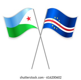 Djiboutian and Cabo Verdean crossed flags. Djibouti combined with Cabo Verde isolated on white. Language learning, international business or travel concept.
