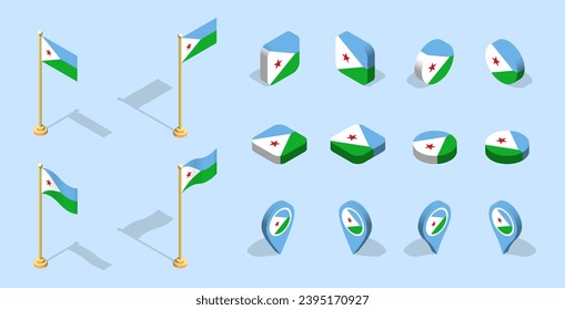 Bandera de Djibouti (República de Djibouti). Icono de conjunto de indicadores isométricos 3D. Vector editable para banner, afiche, presentación, infografía, sitio web, aplicaciones, mapas y otros usos.