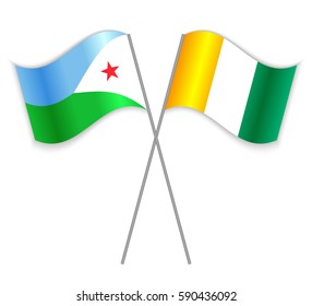 Djiboutian and Ivorian crossed flags. Djibouti combined with Ivory Coast isolated on white. Language learning, international business or travel concept.