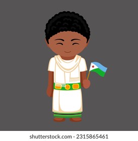 Djiboutian male cartoon character in traditional ethnic costume with national flag. Man in Djibouti clothes. Isolated flat vector illustration.