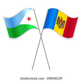 Djiboutian and Moldovan crossed flags. Djibouti combined with Moldova isolated on white. Language learning, international business or travel concept.