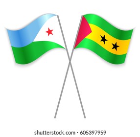 Djiboutian and Sao Tomean crossed flags. Djibouti combined with Sao Tome and Principe isolated on white. Language learning, international business or travel concept.