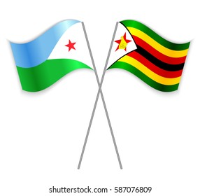 Djiboutian and Zimbabwean crossed flags. Djibouti combined with Zimbabwe isolated on white. Language learning, international business or travel concept.