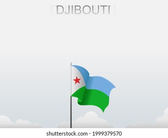 Djibouti's flag flutters on a pole standing tall under a white sky