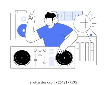 Djing einzelne Cartoon-Vektorgrafiken. Hipster Boy Djing mit Vinyl-Schallplatte und Drehscheibe, kreatives Hobby, Freizeitaktivität, Mischen von Songs, Vereinsmusik, dj Schule, Vektorkarikatur.