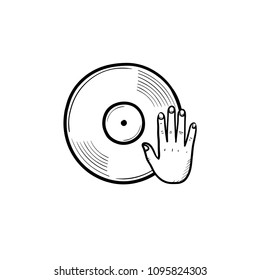 DJs und Remixen handgezeichneter Umriss-Doodle-Icon. Vinyl Rekord und Hand als DJing Disco-Party-Konzept Vektorgrafik Sketch-Illustration für Print, Web, Mobile und Infografiken einzeln auf weißem Hintergrund.