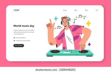 DJing web banner or landing page. Young male character standing at turntable mixer console making music in a club. DJ with headphones at nightclub. Flat vector illustration