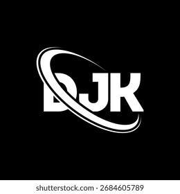 Logotipo da DJK. Carta DJK. Design do logotipo da letra DJK. Logótipo DJK inicial ligado com círculo e monograma maiúsculo. Tipografia DJK para marca de tecnologia, negócios e imóveis.