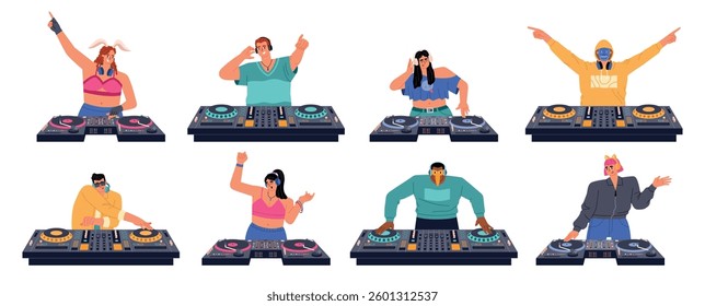 Djs characters. Party people with mixers, turntables, equalizers, nightclub music, girls and guys with headphones, discotheque, vector set