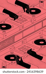 Djs playing vinyl. Rhythm of the music. Vintage poster. Vector illustration red background. 