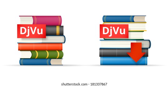 DjVu icons, stack of books and download button, vector illustration