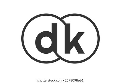 DK business company emblem with outline rounds and letters d k. Logo template of two merged circles for brand identity, logotype. Vector Infinity symbol  and technology sign.