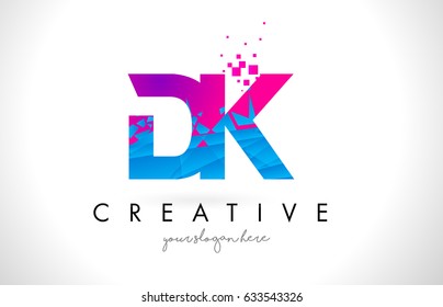DK D K Letter Logo with Broken Shattered Blue Pink Triangles Texture Design Vector Illustration.