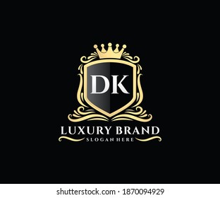 DK Initial Letter Gold calligraphic feminine floral hand drawn heraldic monogram antique vintage style luxury logo design.